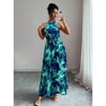 thumbnail image 6 of Teal Blue Floral Halter Neck Maxi Dress With Tie Waist For Elegant Commute Or Vacation, 6 of 7
