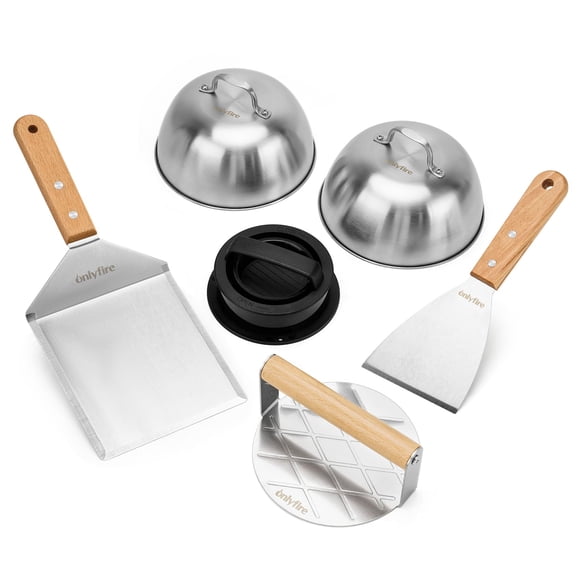 onlyfire 6PC Burger Set, Cheese Melting Dome & Burger Press Kit, Basting Cover with Burger Smasher & Grill Spatula & Hamburger Press Patty