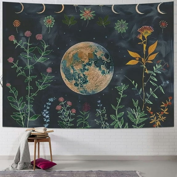 PRATYUS Plant Tapestry, Nature Moon Phase Tapestry Wall Hanging, Bohemian Mandala Tapestry Aesthetic Bedroom Decor, Botanical Tapestries Suitable For Bedroom Home Dorm Multi Size Painting