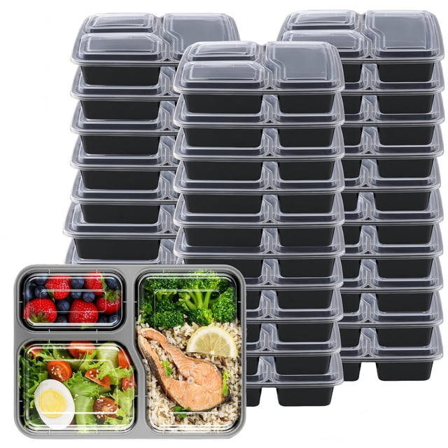 Contenedores de Preparación de Comidas, 30pcs Contenedores para Alimentos Reutilizables de 34 oz, Meal Prep Containers con 3 Compartimentos con Tapas, Aptos para Microondas/Congelador/Lavav