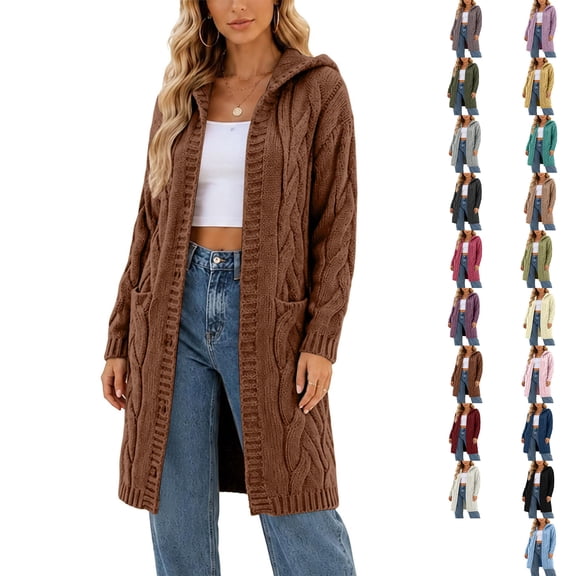 Plus Size Sweaters For Women Women's Casual Solid Outfits Knit Open Front Hooded Sweaters Long Sleeve Cardigan Outerwear Coats With Pocket Brown M