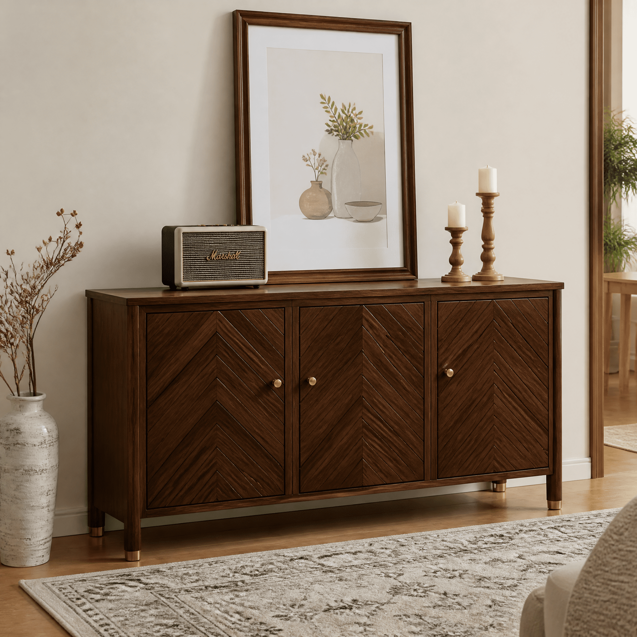 65.2" Mid Century Modern Sideboard Buffet Cabinet with Storage, Symmetrical Geometric Accent Coffee Bar Wine Bar Storage Cabinet, Large Console Table for Living Room/Entryway/Kitchen, Walnut