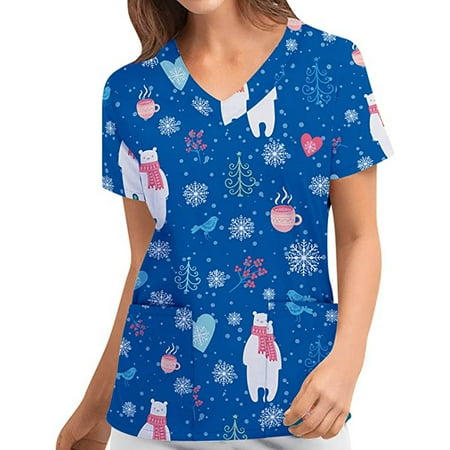 

FAFWYP Christmas Scrubs for Women Womens Loose Scrubs Tops Summer Nurse Short Sleeve V Neck Workwear Snowmen Sika Deer Printed Working Uniform Shirt Medical Blouse with Pockets