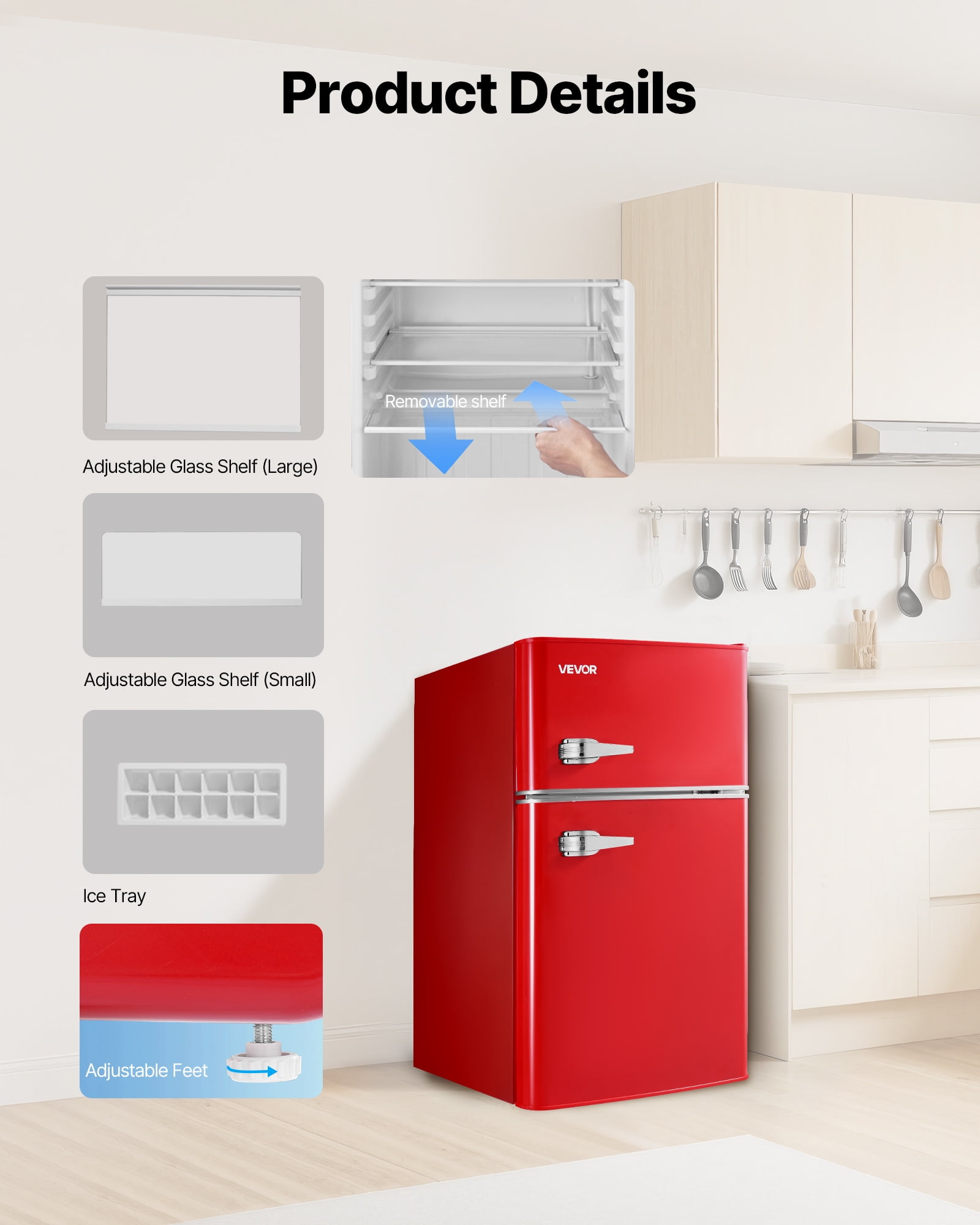 VEVOR Mini Fridge with Freezer, 3.2 Cu.Ft, Two Door Compact Refrigerator with Adjustable Temperature, Glass Shelf, Energy Efficient Dorm Fridge, Low Noise Small Refrigerator,for Bedroom,Office,Red