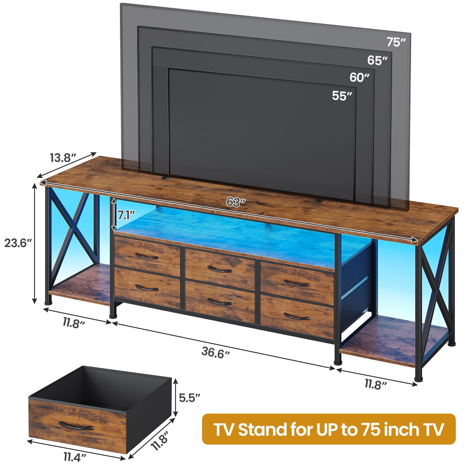 Afuhokles 63" TV Stand for 80 Inches TV, Entertainment Center with LED Lights and Power Outlets, 6 Fabric Drawers, Brown