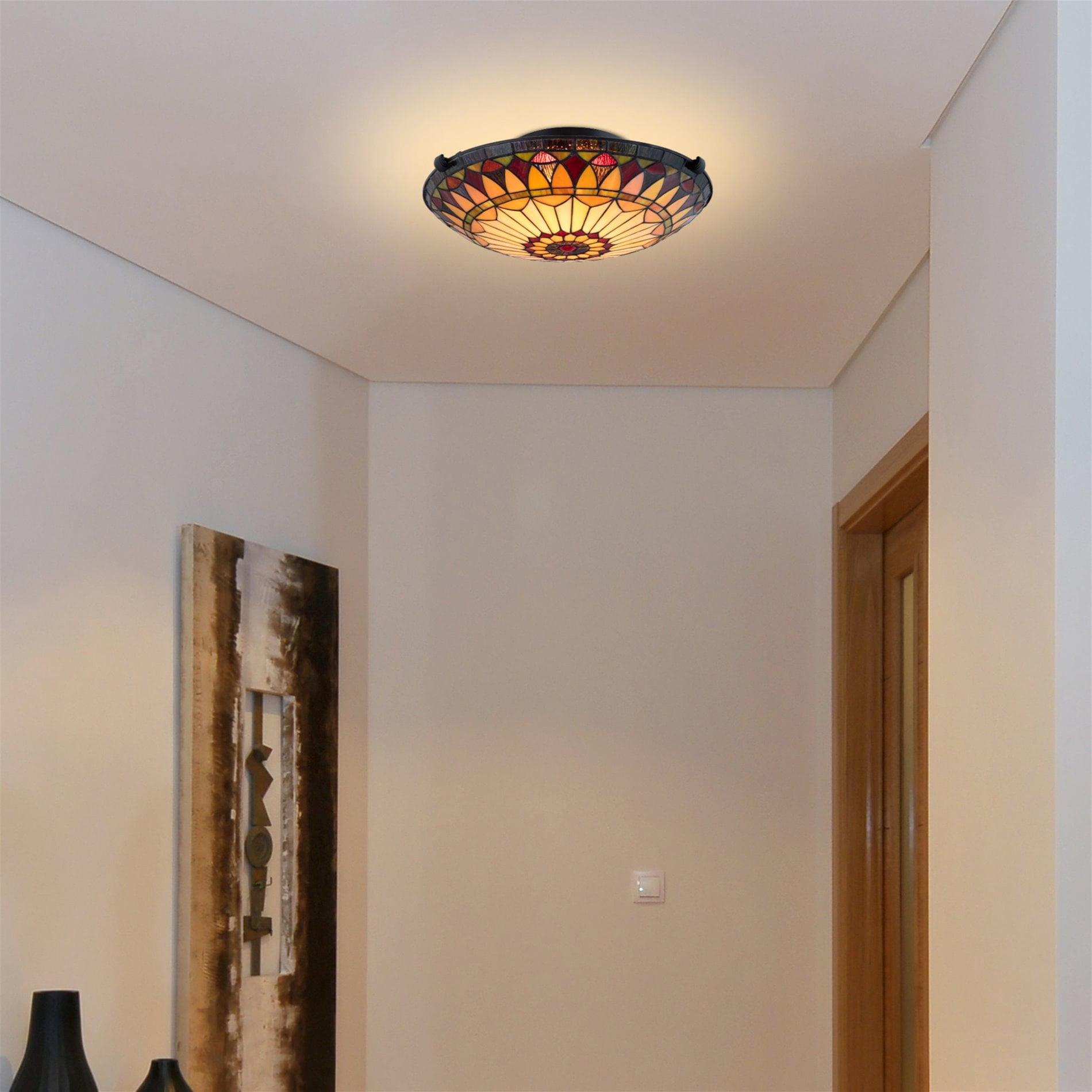 Kira Home Mateo 16" Tiffany Style Flush Mount Ceiling Light, 2-Light Hand-Crafted Art Glass Sunflower Pattern, Black
