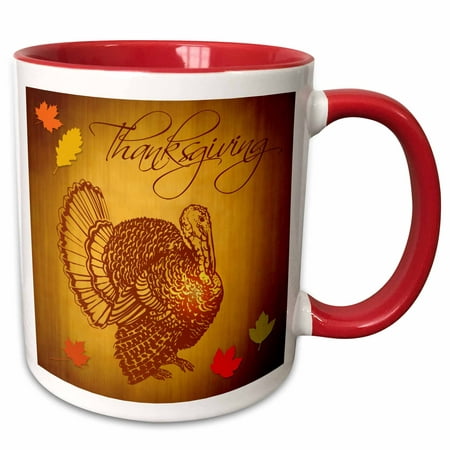 3dRose Thanksgiving Turkey and Fall Leaves - Two Tone Red Mug,