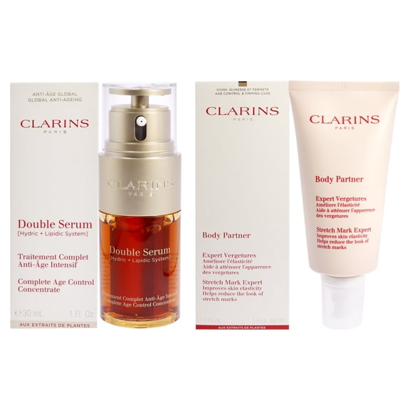 Clarins Double Serum Complete Age Control Concentrate and Body Partner Stretch Mark Expert Kit , 2 Pc Kit 1oz Serum, 5.8oz Body Lotion