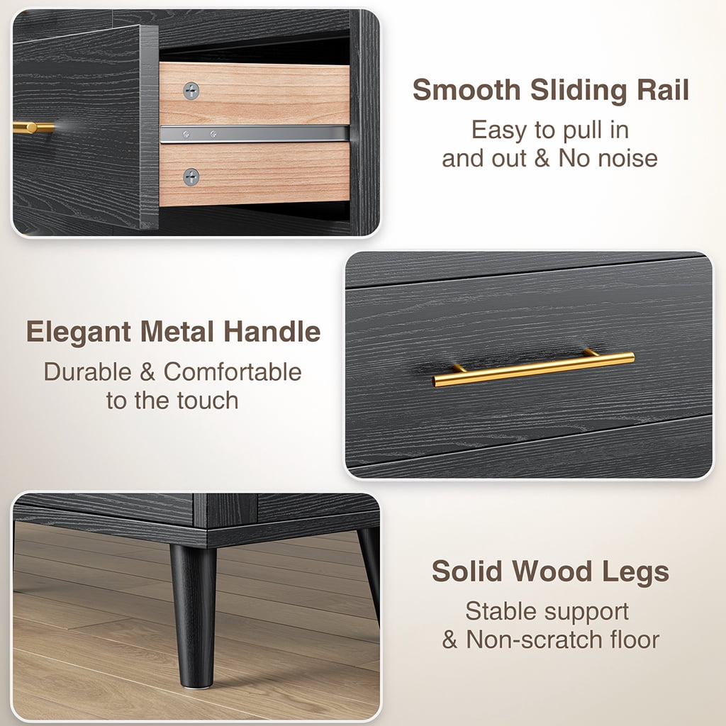 Aiho Modern 6 Drawer Wood Dressers, Wide Chest of Drawers with Metal Handles for Living Room, Bedroom, Black