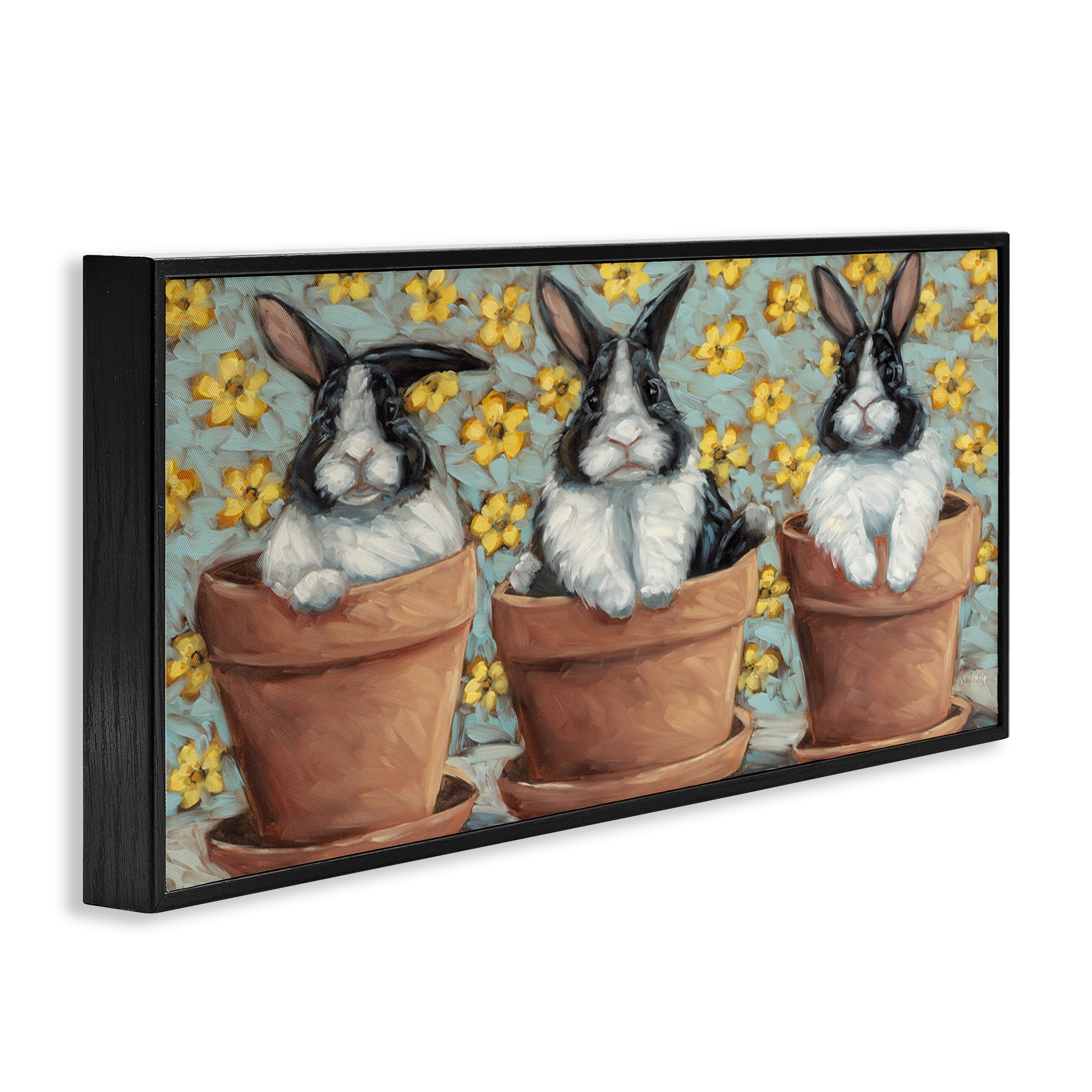 Stupell Industries Three Bunnies in Pots Animals & Insects Painting Black Framed Art Print Wall Art, 30 x 13