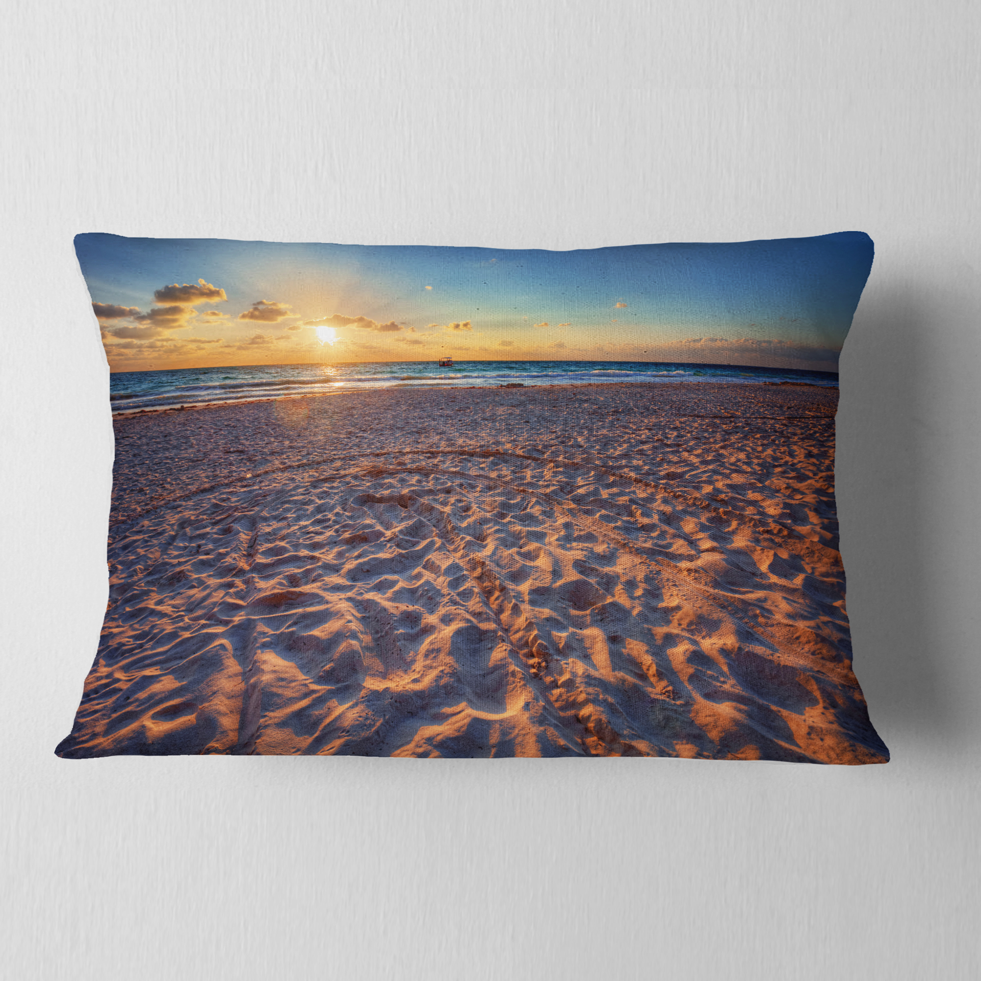 Designart Trodden Sandy Beach at Sunset - Seashore Throw Pillow - 12x20