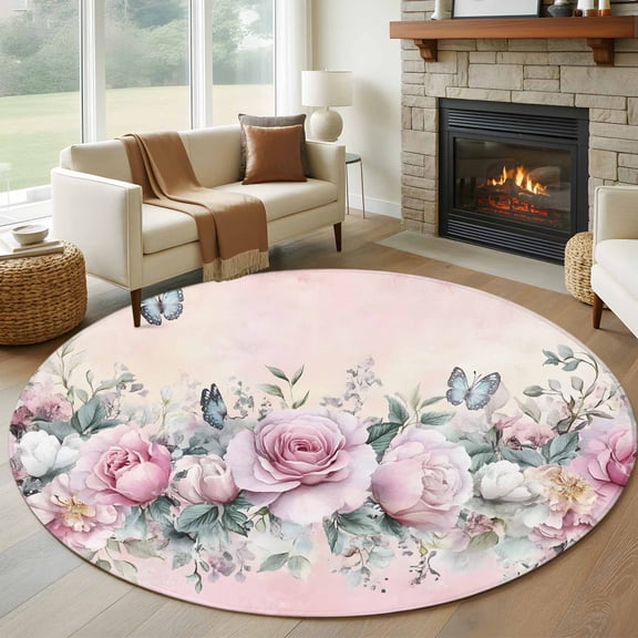 Round Area Rug 5ft Ombre Pink Rose Butterfly Circle Kitchen Mats Non-Slip Vintage Flowers Washable Round Carpet for Kitchen Living Room Bedroom Home Decor
