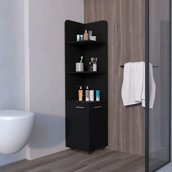 Bathroom Cabinet With 3 Corner Shelves And 2 Doors In Black - Freestanding Legs