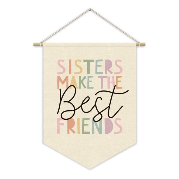 Sisters Make The Best Friends Wall Hanging Pennant Banner, Pink Linen Canvas Wall Art Decor for Toddler Girl Nursery Bedroom Playroom Boho Room Decoration