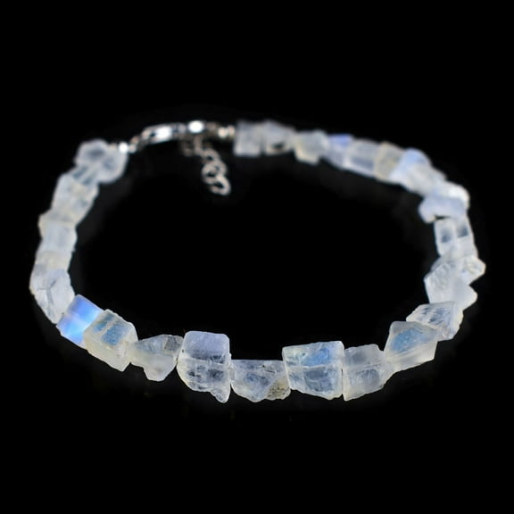 Natural Raw Moonstone Rough Gemstone Full Beads Choker Bangle Bracelets Jewelry for Women, Birthstone Crystals and Healing Stones, Rhodium Plated 925 Sterling Silver 8 inches