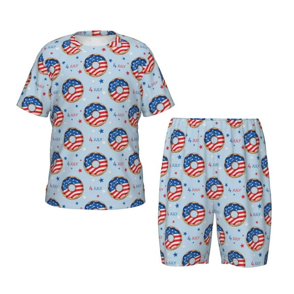 Balery Donut with the USA Fag Conjunto de Pijama Infantil de Manga Corta con Estampado – Ropa de Dormir de Algodón Suave-Large