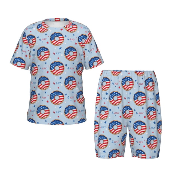 Balery Donut with the USA Fag Conjunto de Pijama Infantil de Manga Corta con Estampado – Ropa de Dormir de Algodón Suave-X-Large