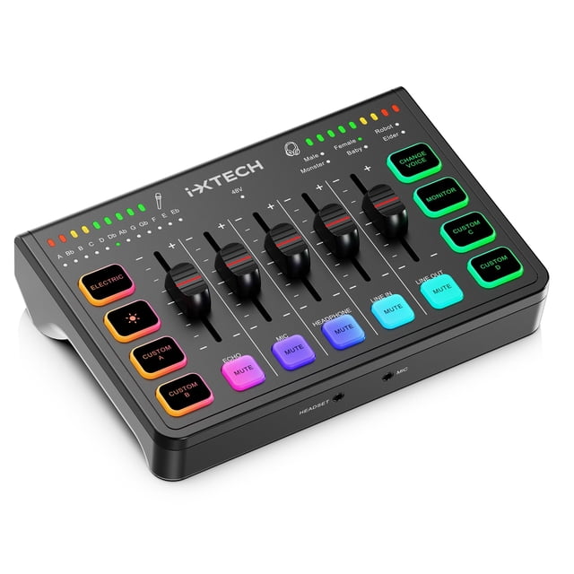 IXTECH Mezclador de audio para juegos, placa de sonido de 4 canales, interfaz de audio para PC RGB con soporte para micrófono XLR, ecualizador de audio para juegos, podcast, streaming, karaoke, contro