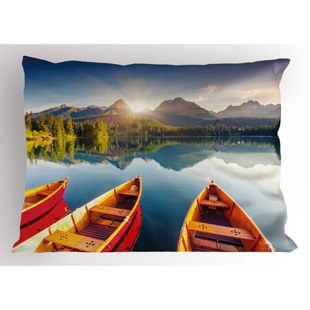 Fishing Pillow Sham Mountain Lake in National Park Slovakia Sailboats European Ecology Nature Print, Decorative Standard Queen Size Printed Pillowcase, 30 X 20 Inches, Multicolor, by