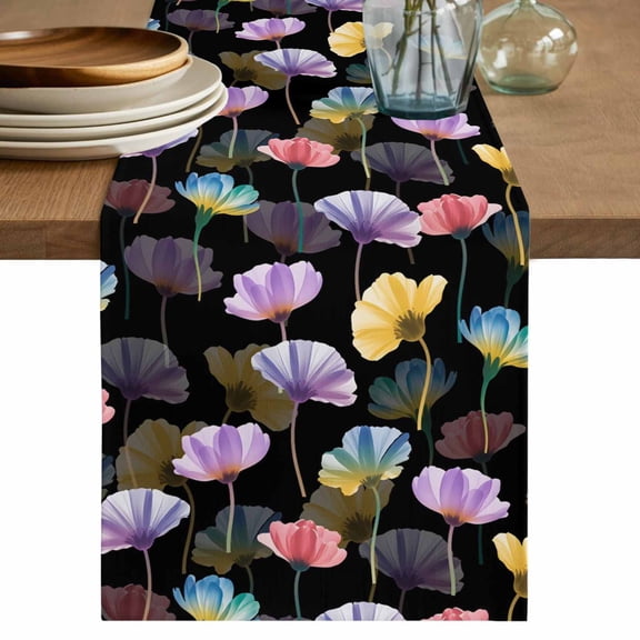 Table Runner 72 Inches Long for Kitchen Dining, Spring Flowers Dresser Scarf Farmhouse, Dining Table Decorations for Wedding/Parties, Watercolor Floral Vintage Black 14 x 72 In
