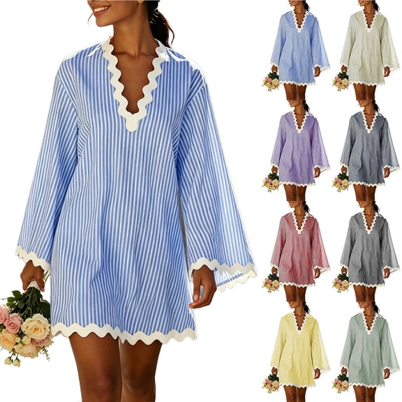 Zpzdpjkx Women's Summer Casual Striped Tunic Dress, V-Neck Long Sleeve Scalloped Beach Cover-Up