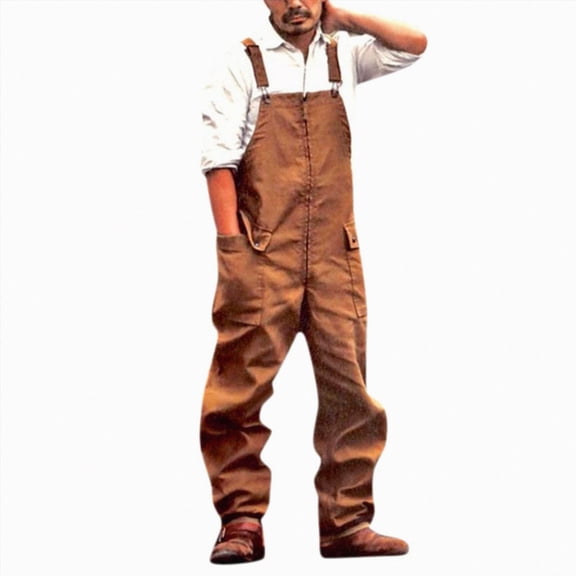 Linfrsh Men's Baggy Bib Overalls Lightweight Cargo Coveralls Loose Fit Casual Workwear, Fashion, Canvas Work Dungarees, Sloppy, Vintage Jumpsuit, Lots of Pockets (Brown,L)