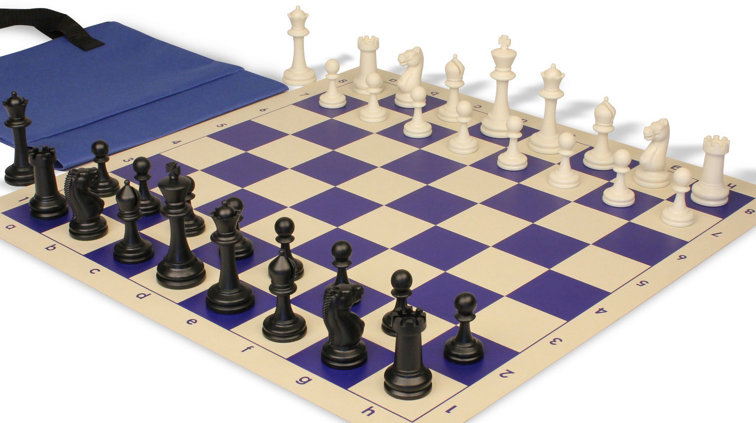 Master Series Easy-Carry Plastic Chess Set Black & Ivory Pieces with Vinyl Rollup Board - Blue