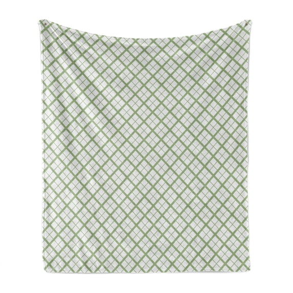 Green Soft Flannel Fleece Throw Blanket, Picnic Table Inspired Modern Geometric Pattern in Square Shapes Retro, Cozy Plush for Indoor and Outdoor Use, 50" x 70", Pistachio Green White, by Ambesonne
