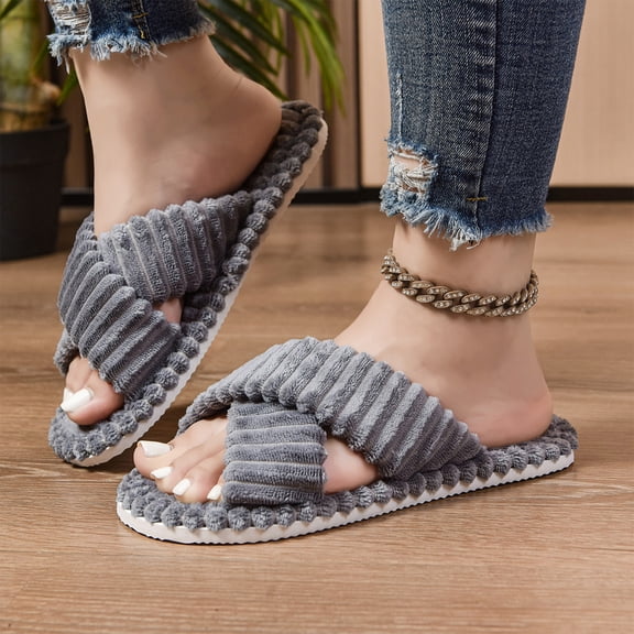 Willtoo Womens Cozy Fuzzy Striped Cross Strap Cotton Slippers Lightweight Comfortable Indoor Home Footwear