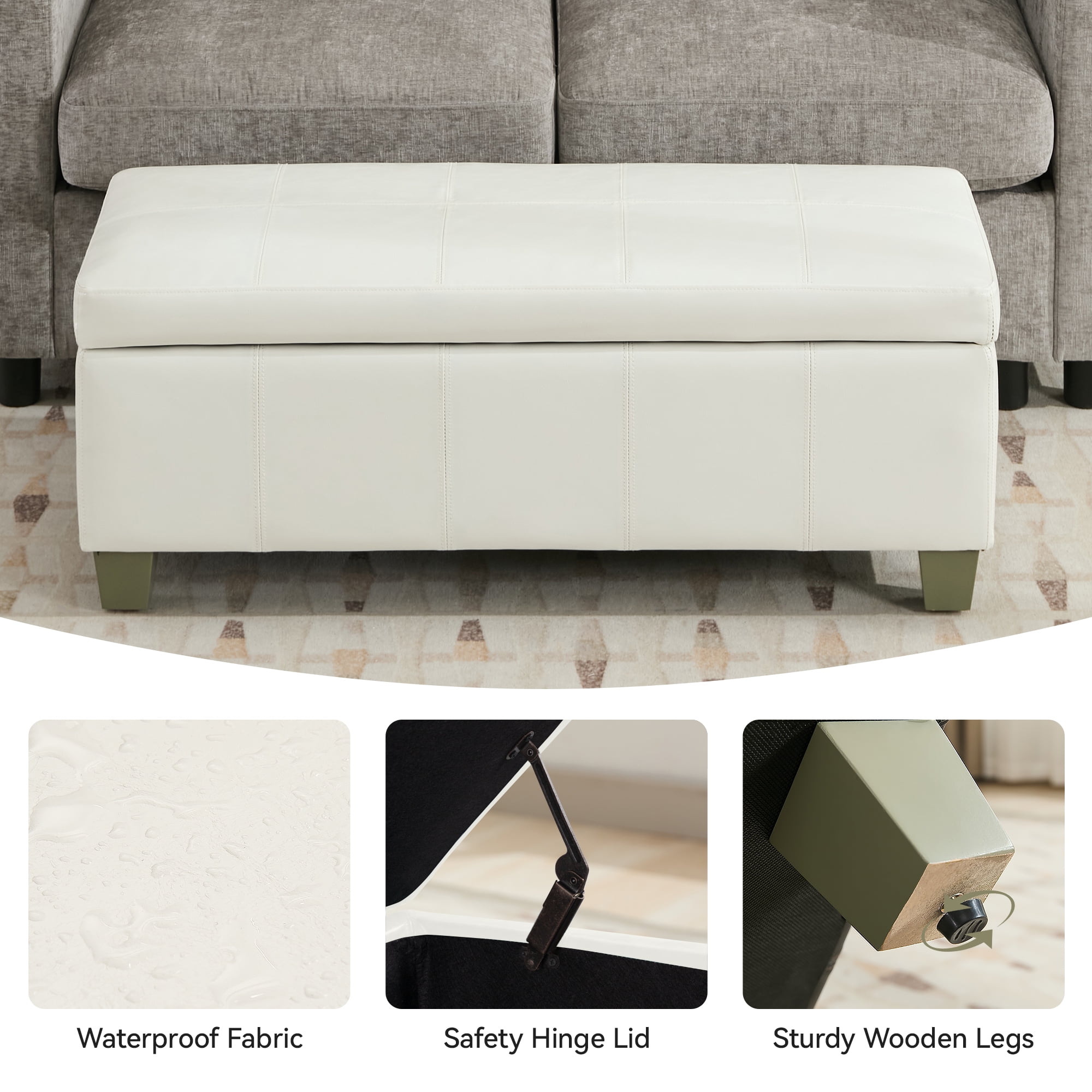 41'' Faux Leather Storage Ottoman Bench, Rectangle Upholstered End of Bed Storage Bench, Stitch Tufted Bedroom Bench with Storage, Entryway Large Storage Ottoman with Wooden Legs, White