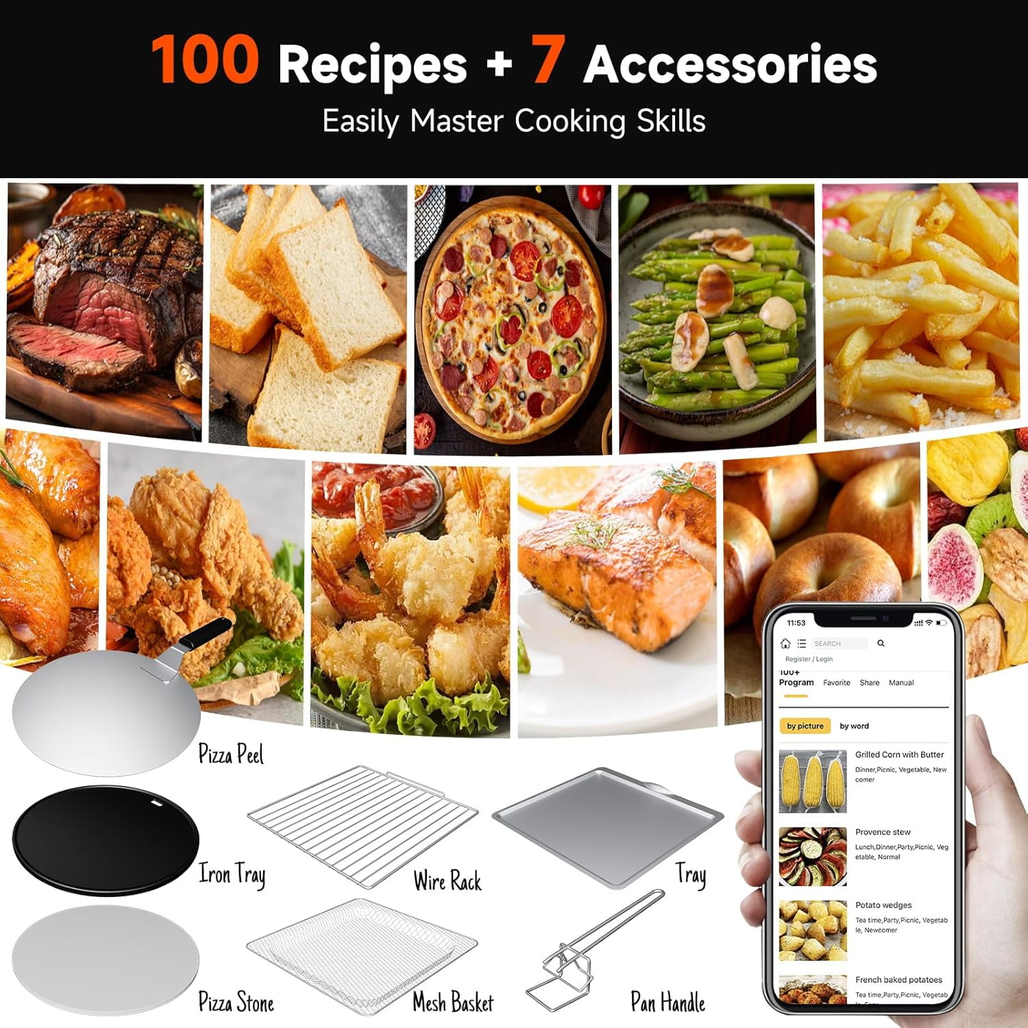 Air Fryer Toaster Oven Combo, 15-IN-1 Digital Stainless Steel Airfryer,18L Pizza Oven for 12' pizza / 9 slices, Flip Away Oven, 7 Accessories, 800°F, 3 Layer Glass Anti-scalding,1800W
