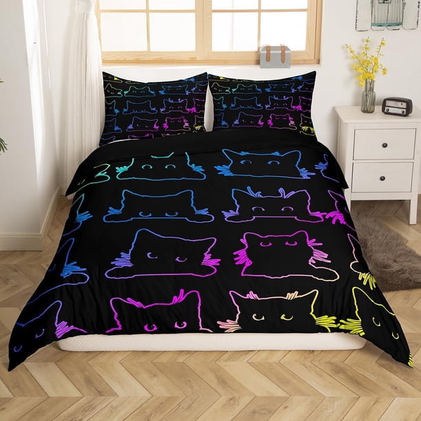 Gatos Funda Nórdica Queen Kawaii Gato Mascota Juego de Cama para Adolescentes Niños Colorido