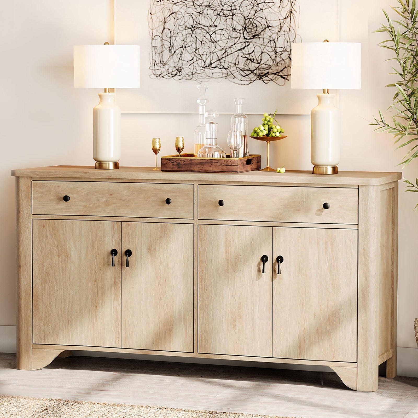 59" Wide Sideboard Buffet With 4 Doors And 2 Drawers, Adjustable Shelves