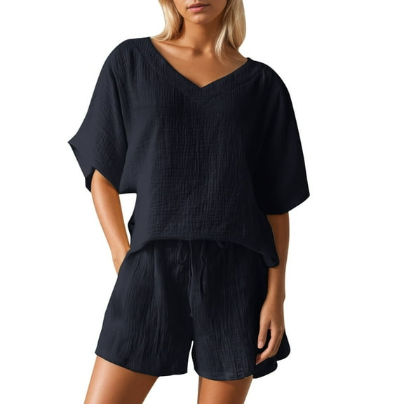 Women's Summer Casual Double Layer Pleated Short Sleeve Shorts Set