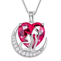 Juwaliy Animal Cat and Dog Necklace Red Heart July Birthstone Charm Ruby Crystal Pendant Women Jewelry Birthday Mothers Day Gift for Mom Wife Daughter Pet Lover