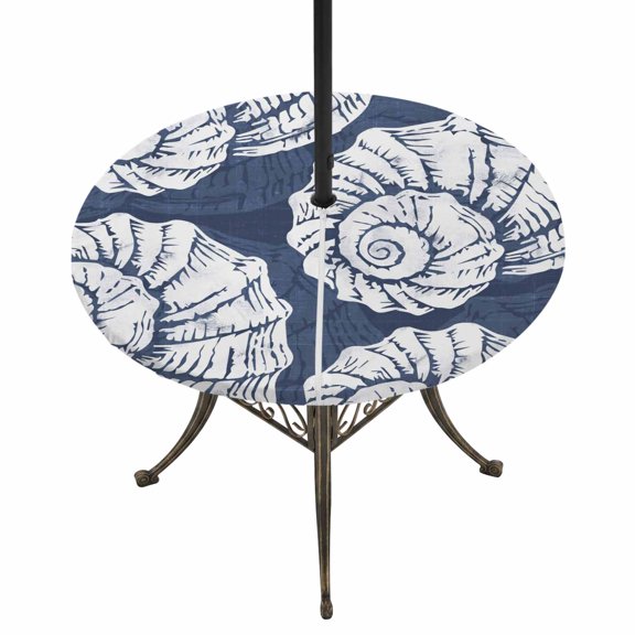 Round Outdoor Tablecloth with Umbrella Hole and Zipper, Navy Blue Conch Coastal Tablecloth with Elastic Waterproof, Nautical Summer Ocean Patio Table Covers for 55" - 60" Picnic Pool Tables