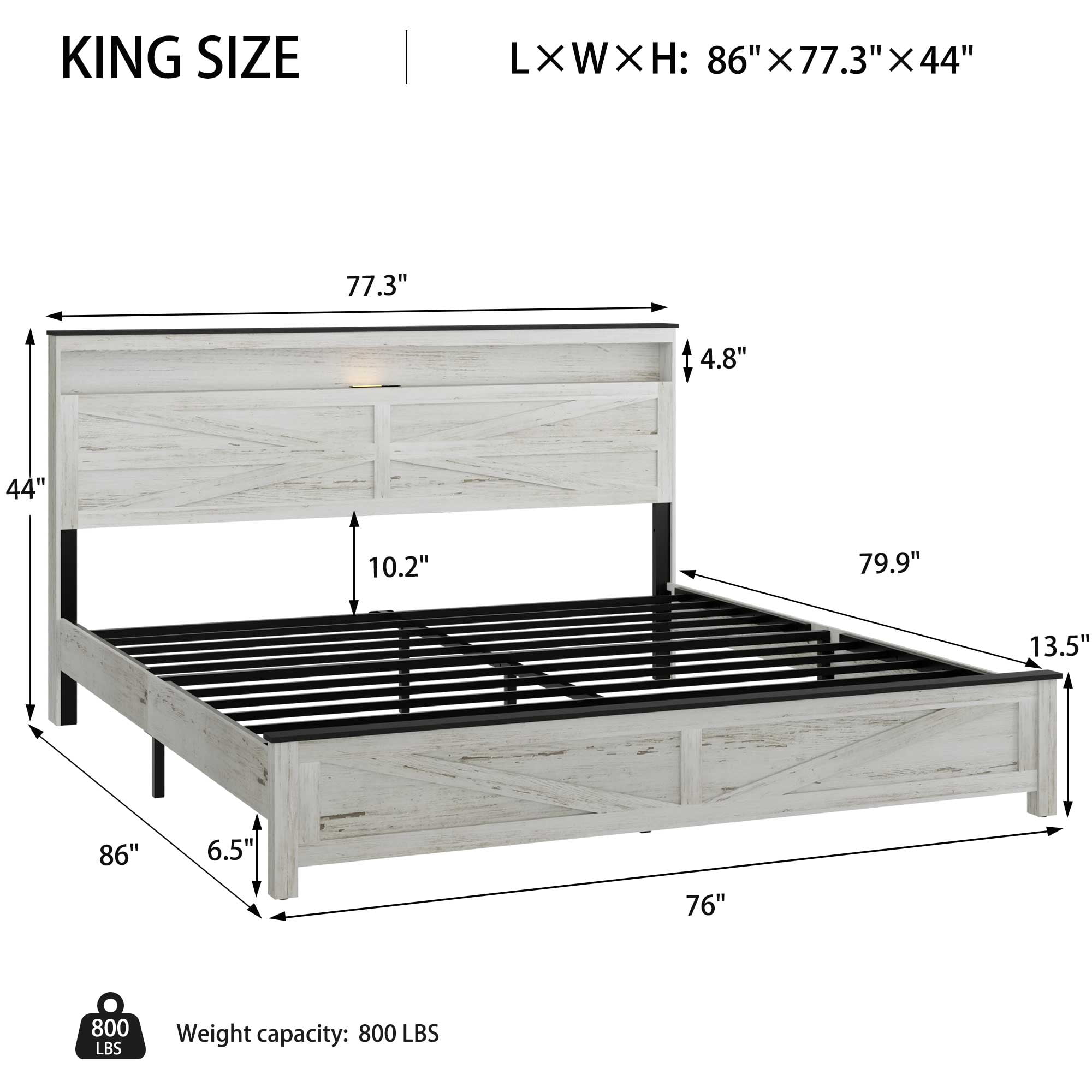 Gewnee King Size Bed Frame with Charging Station – 2 USB & 1 Type-C Ports,LED Light Headboard,Hidden Under-Bed Storage,No Box Spring Required,Antique White+Gray.