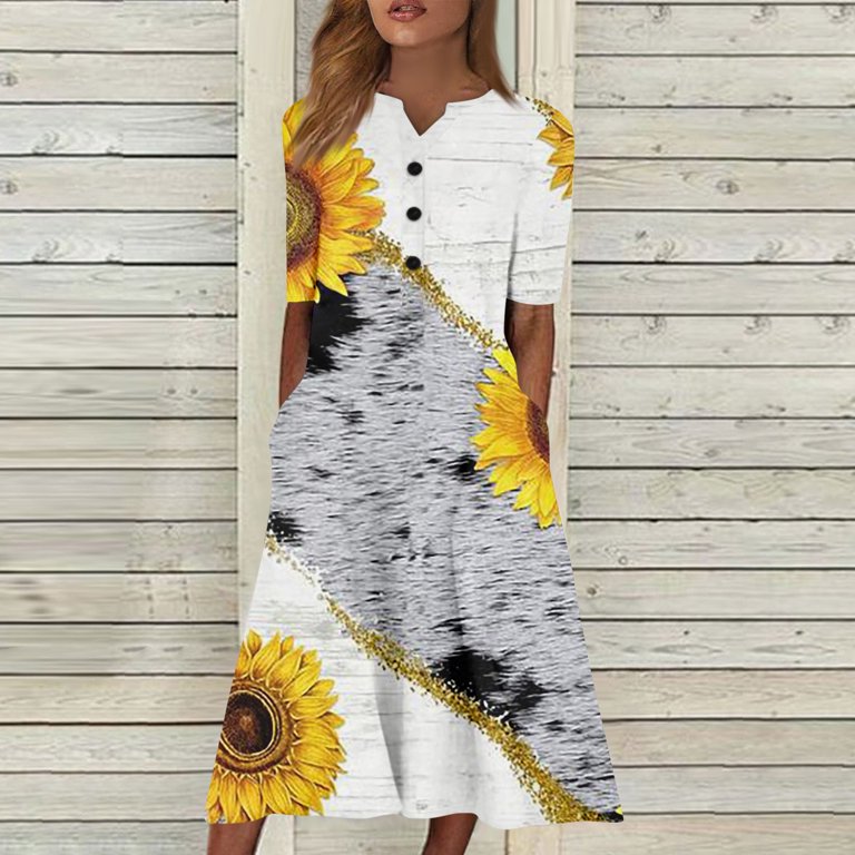 Sunflower-Printed Midi DressサイズS SXAURA Women's V-Neck Short Sleeve Sunflower Print Dress