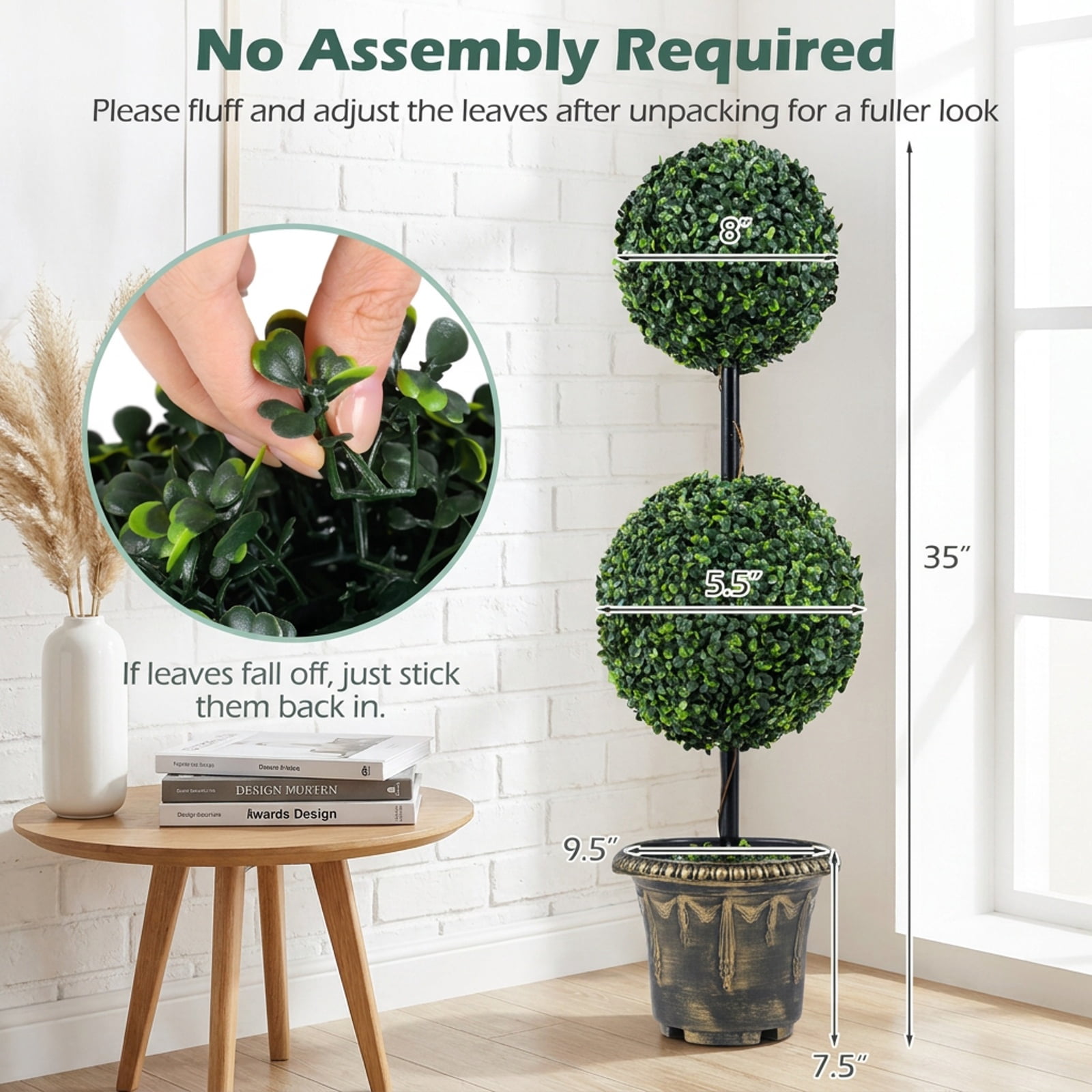 Vebreda Artificial Plant Decor, 3 FT Artificial Boxwood Topiary Tree Double Ball Shrubs, Eye-Catching Topiary Form, No-Upkeep Greenery