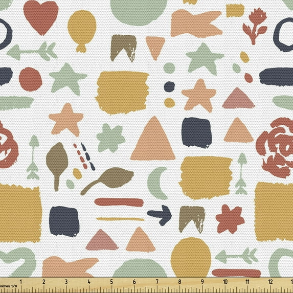 Abstract Sofa Upholstery Fabric by the Yard, Repetitive Geometric Shapes Designed with Hand Drawn Like Brush Strokes, Decorative Fabric for DIY and Home Accents, White and Multicolor by Ambesonne