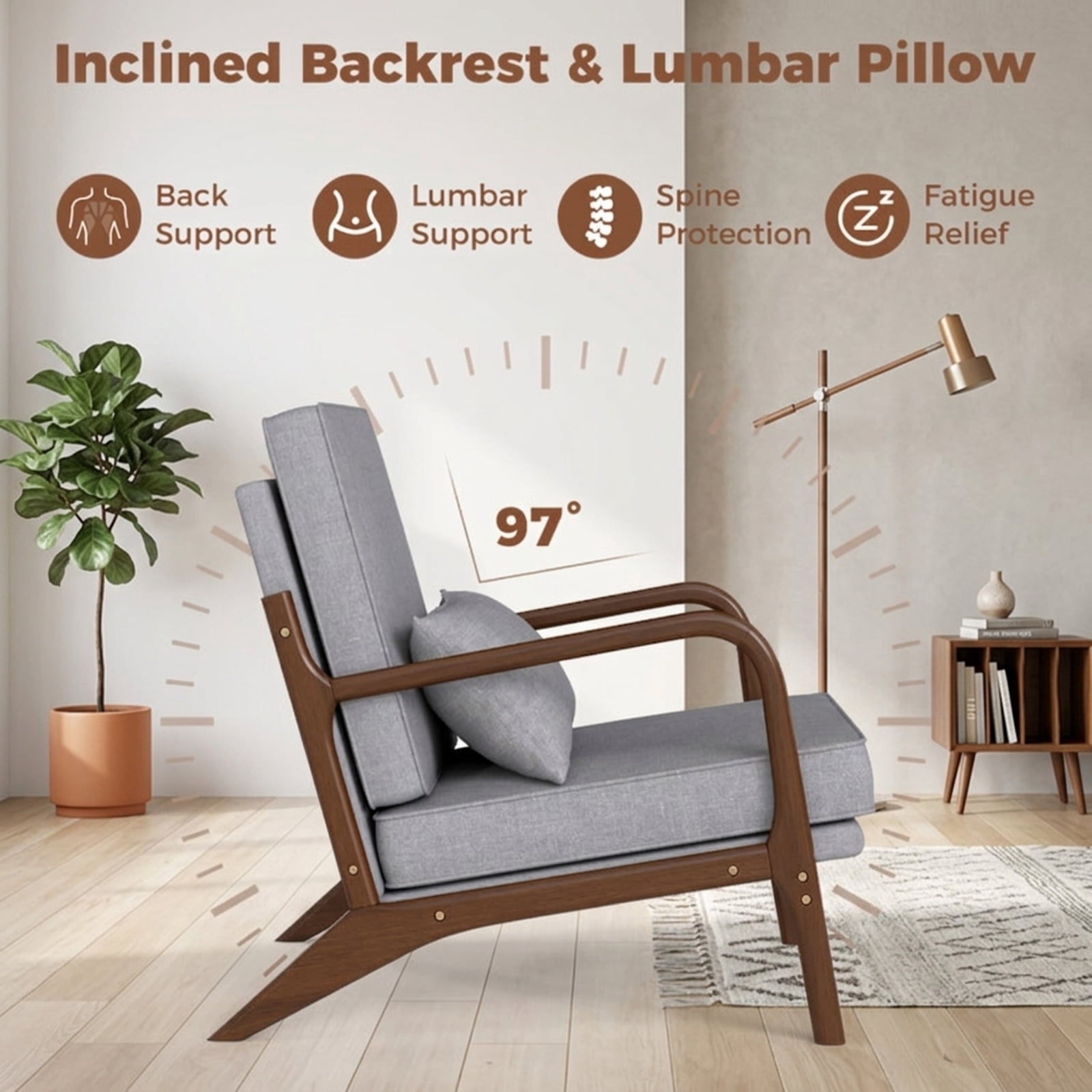 Furnibear Modern Accent Chair with Extra-Wide Padded Seat Removable Lumbar Pillow and Rubber Wood Armrests for Living Room and Bedroom, Gray