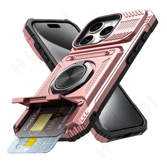 Case For iPhone 16 15 14 13 12 11 Pro Max XS XR 8 7 Plus Magnetic Rotated Ring Kickstand Heavy Duty Drop Protection Wallet Cover Rose Gold iPhone 13 Pro