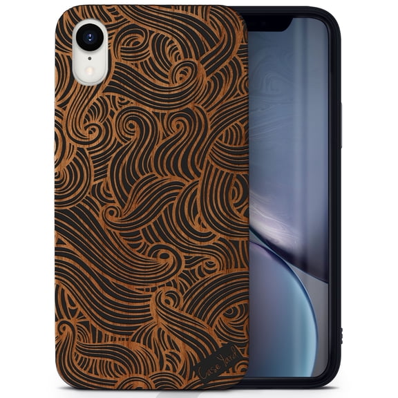 Wood phone case for iPhone XR compatible protective cell phone cover shockproof slim fit laser engraved Wave Pattern design Black wood case for Men & Women by CaseYard