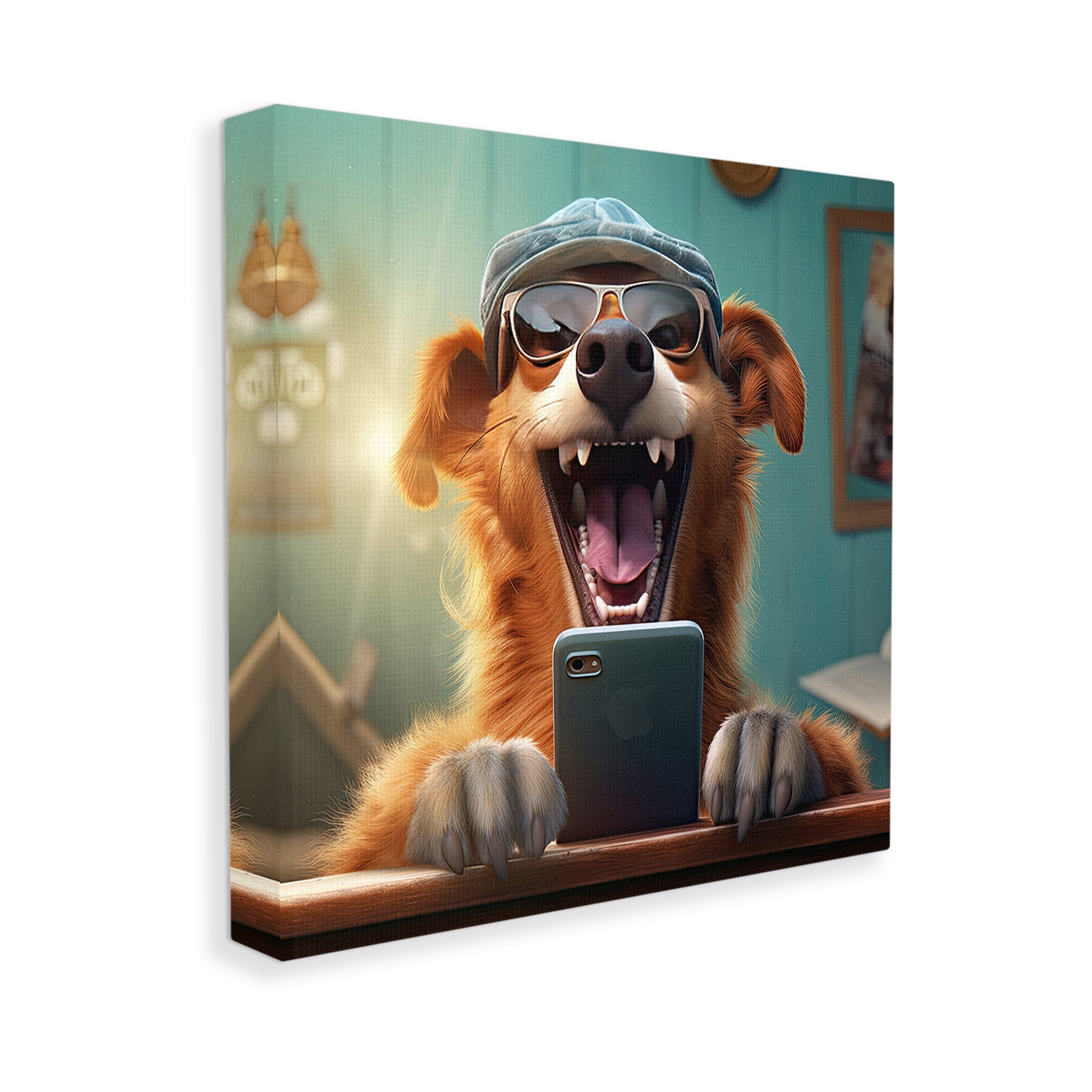 Stupell Industries Happy Dog on Cell Phone Animals & Insects Painting Gallery Wrapped Canvas Art Print Wall Art, 36 x 36