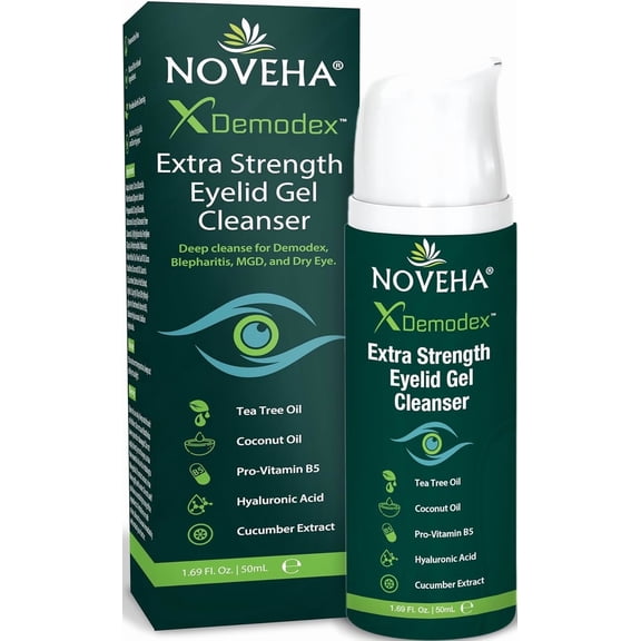 NOVEHA Demodex Extra Strength Eyelid Gel Cleanser - for Demodex, MGD and Dry Eye with Pro-Vitamin B5, Tea Tree Oil, and Hyaluronic Acid - Gentle Cleansing, Soothes Itchy Eyelid - 50mL (1 Pack)