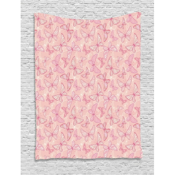 Light Pink Tapestry, Cute Butterflies Ornate Spiritual Wings Feminine Romantic Girls Room Art, Wall Hanging for Bedroom Living Room Dorm Decor, 40W X 60L Inches, Pink Peach White, by Ambesonne