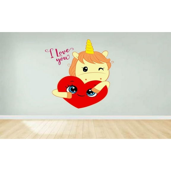 Cute Unicorn Love Hearts Cartoon Character Wall Art Sticker Vinyl Decals Girls Boys Children Baby Bedroom House School Wall Decor Removable Sticker Peel and Stick Size (30x15 inch)