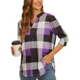 thumbnail image 3 of Uhndy Women Long Sleeve Plaid Tunic Shirt V Neck Pullover Blouse Tops Ladies New Fall Winter Roll-up Shirt Baggy Color Block Checked T Shirt Tops Purple 2XL, 3 of 5