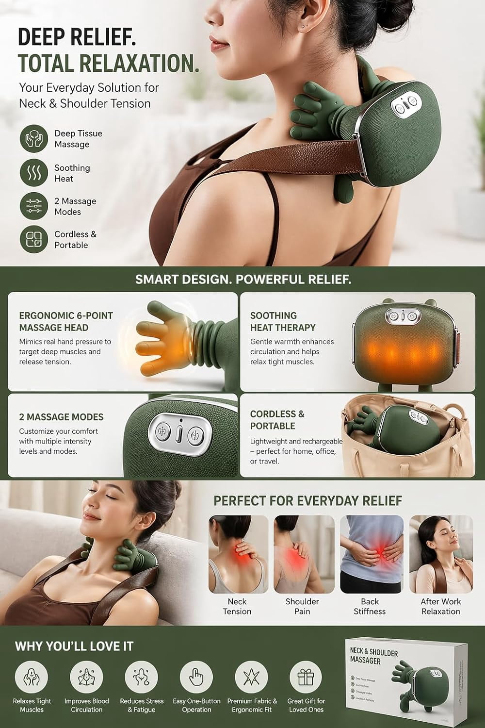 Electric Neck Massager with Heat - Realistic Hand Sensation Deep Tissue Shoulder Massager Cordless & Portable USB Rechargeable Neck Relaxer for Muscle Stress Relief