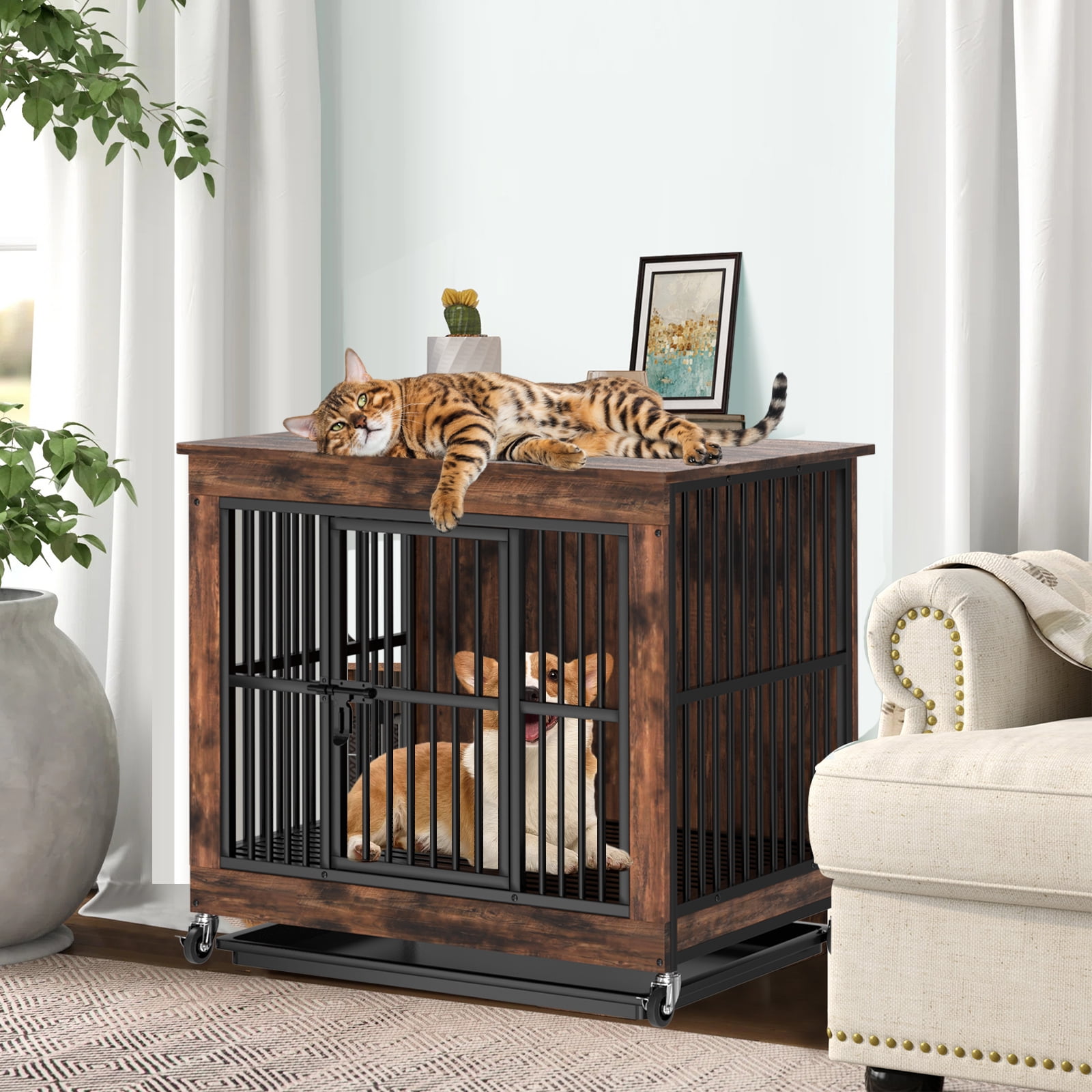 Jacgood 39 inch Dog Crate Furniture, Heavy Duty Dog Kennel End Table with Door & Removable Tray,Chew Proof 0.59" Tube Kennel Furniture with Lock,Rustic Brown